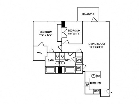 Floor plan for 2 beds, 2 baths, 1115 sqft